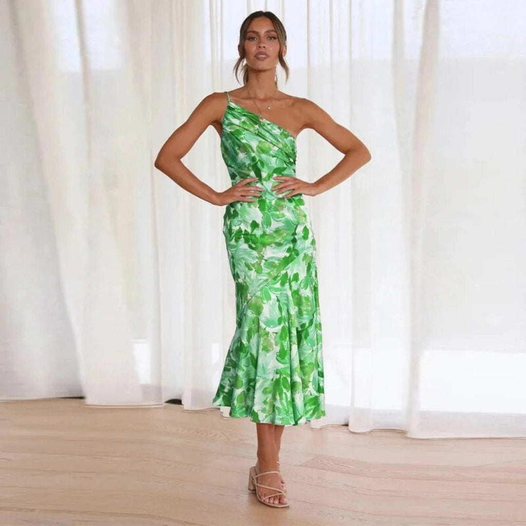 Genevieve | Bloemen asymmetrische midi jurk elegant feest