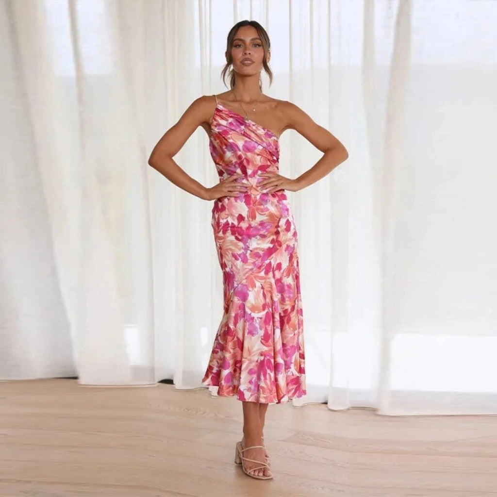 Kathy | Bloemen maxi jurk asymmetrisch één schouder
