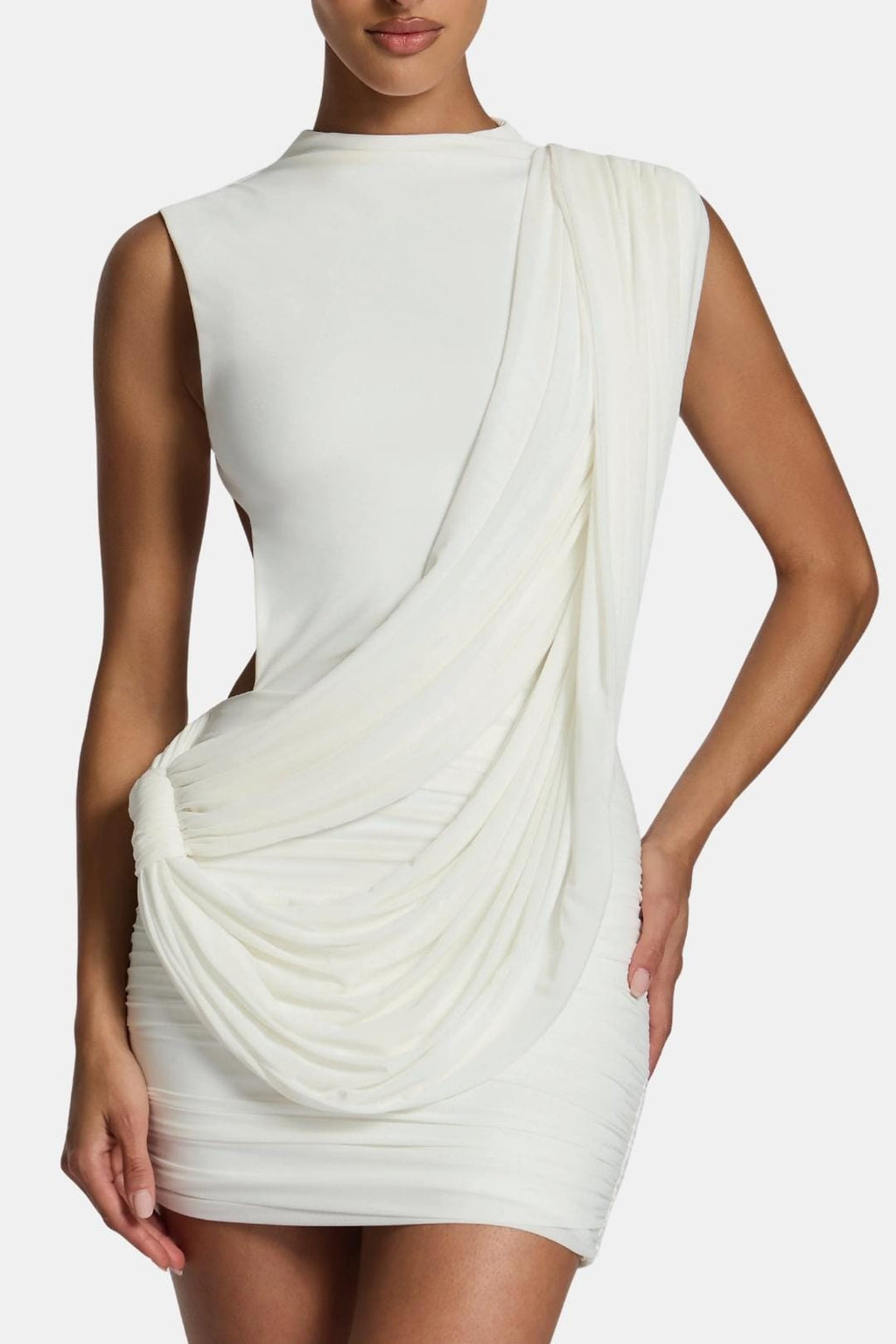 Dehlia | Chique Mini-Jurk Met Drapering en Open Rug