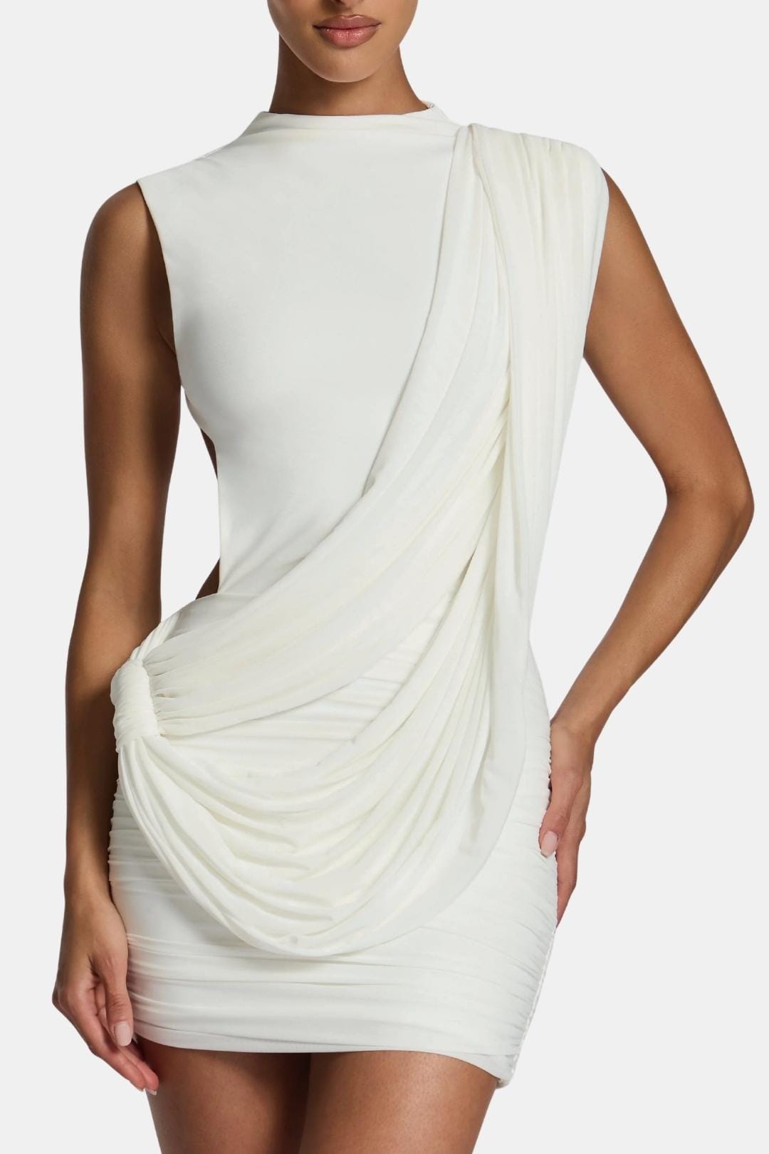 Dehlia | Chique Mini-Jurk Met Drapering en Open Rug