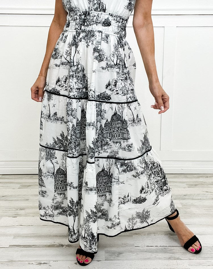 Camille | Klassieke toile maxi jurk geplooid getailleerd