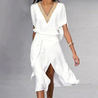 Livia | witte midi jurk v-hals minimalistisch elegant