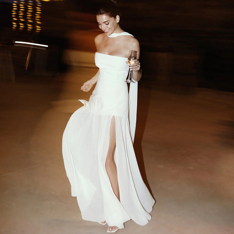 Stella | Strapless asymmetrische maxi jurk mesh elegant