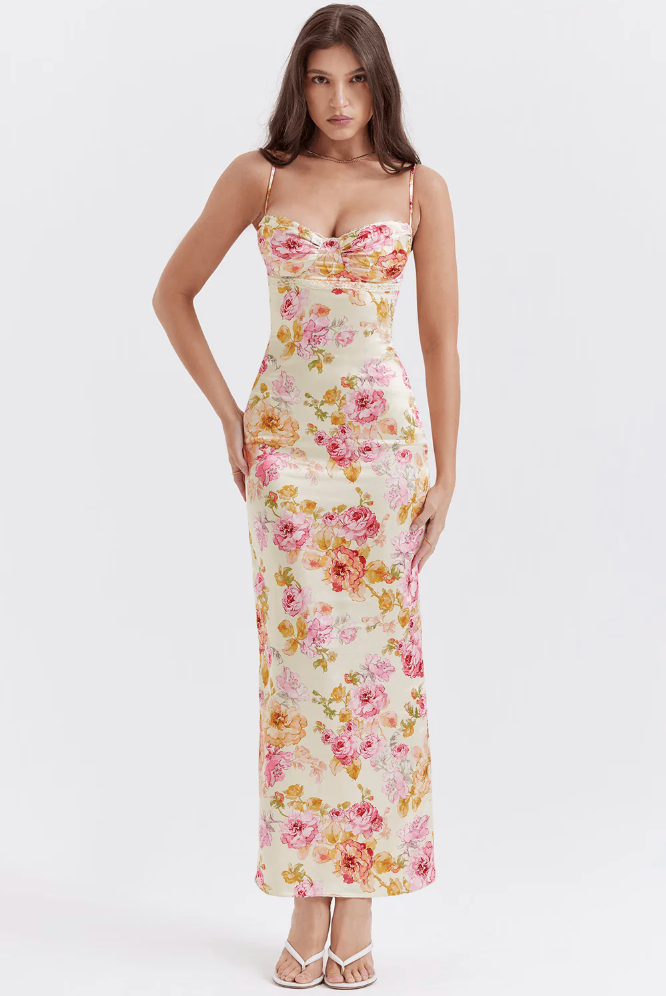 Katherine | Bloemen maxi jurk spaghetti bandjes elegant
