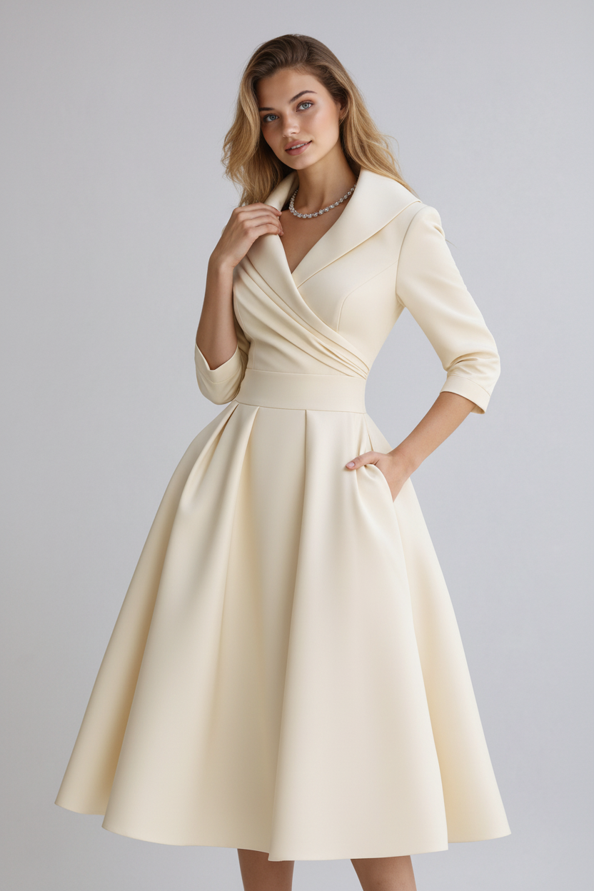 Elise | getailleerde midi jurk klassieke kraag elegant
