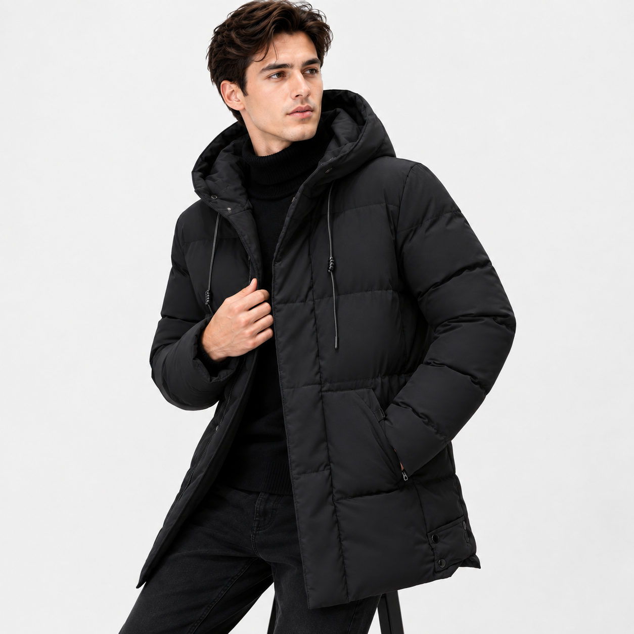 Men’s Hooded Mid-Length Jacket – Warm Zip-Up Casual Coat