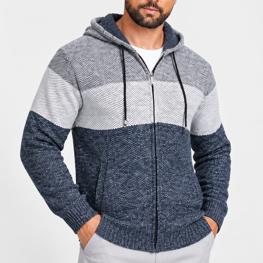 Men’s Color Block Zip-Up Fleece Hoodie – Casual Warm Cardigan Jacket