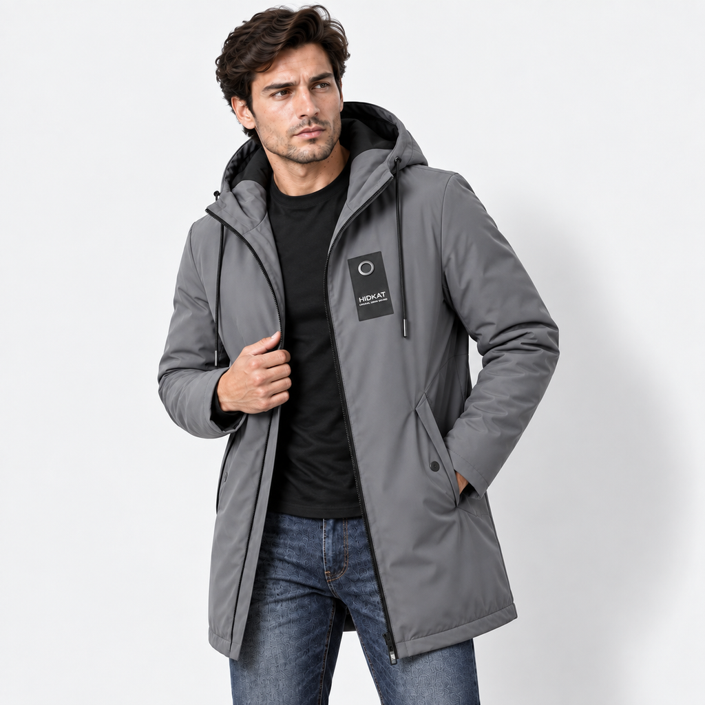 Men’s Hooded Trench Coat – Casual Drawstring Zip-Up Spring & Autumn Jacket