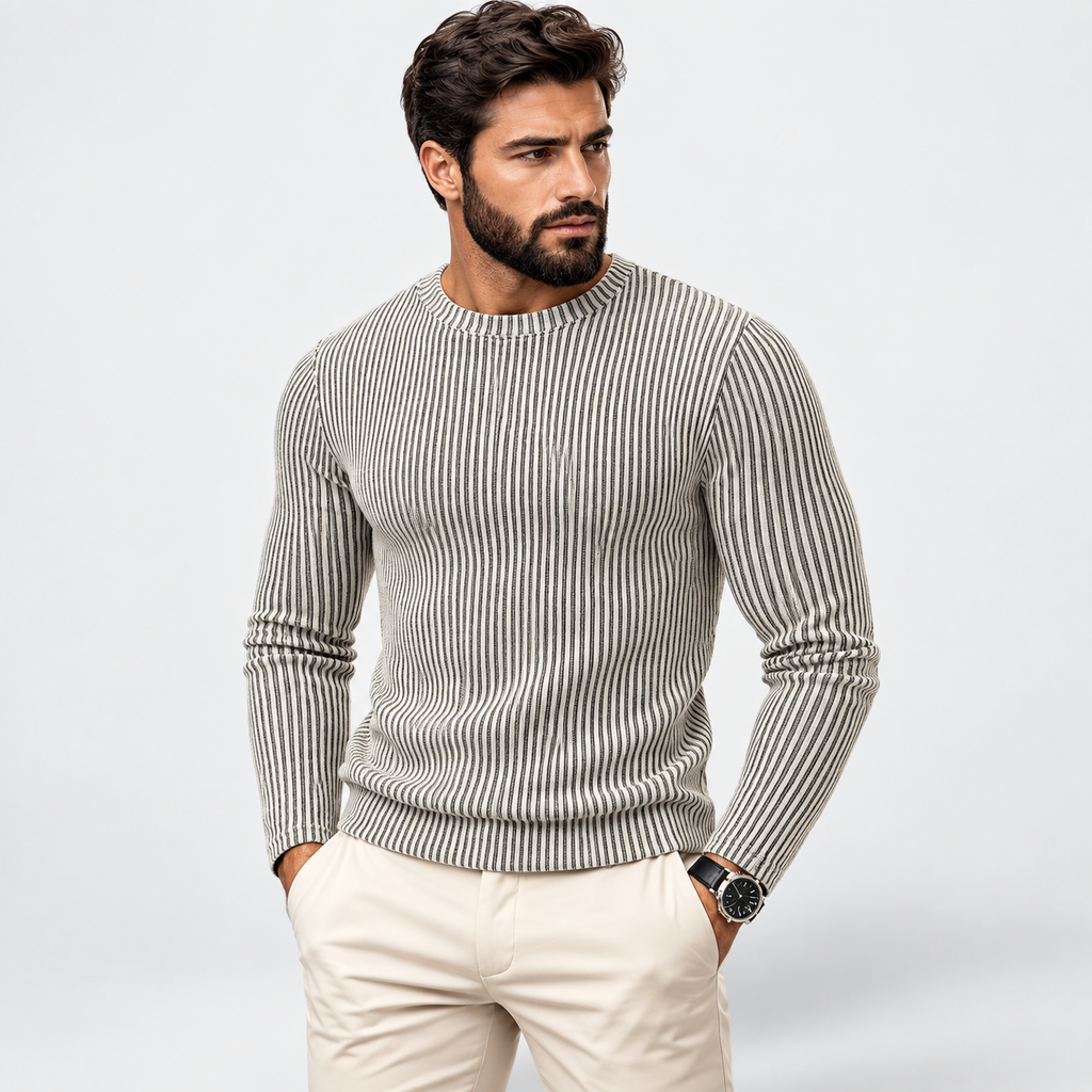 Men’s Ribbed Jacquard Knit Sweater – Casual Spring & Autumn Top