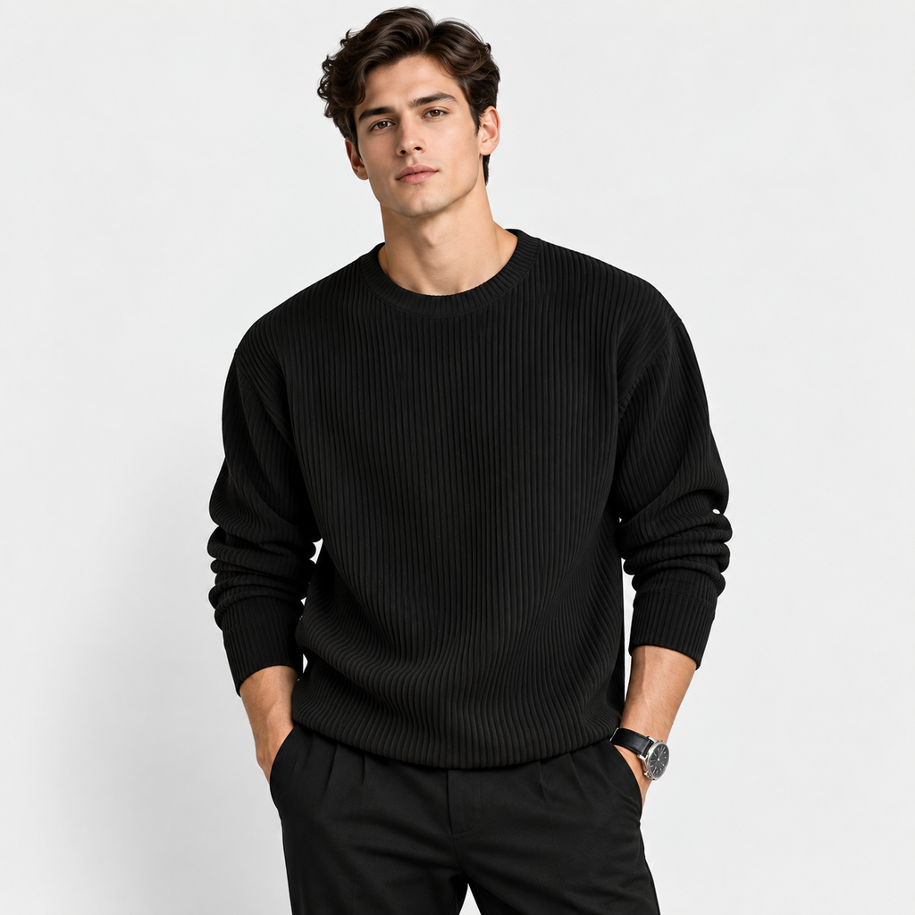 Men’s Ribbed Knit Crew Neck Pullover – Casual Long Sleeve Sweater