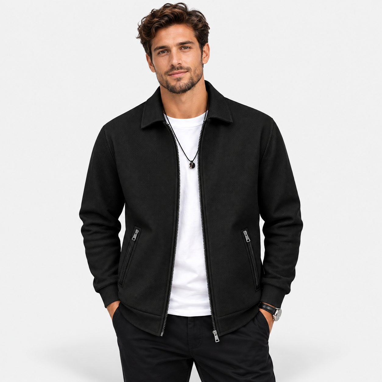 Men’s Waffle Full-Zip Jacket – Lightweight Casual Athletic Lapel Coat