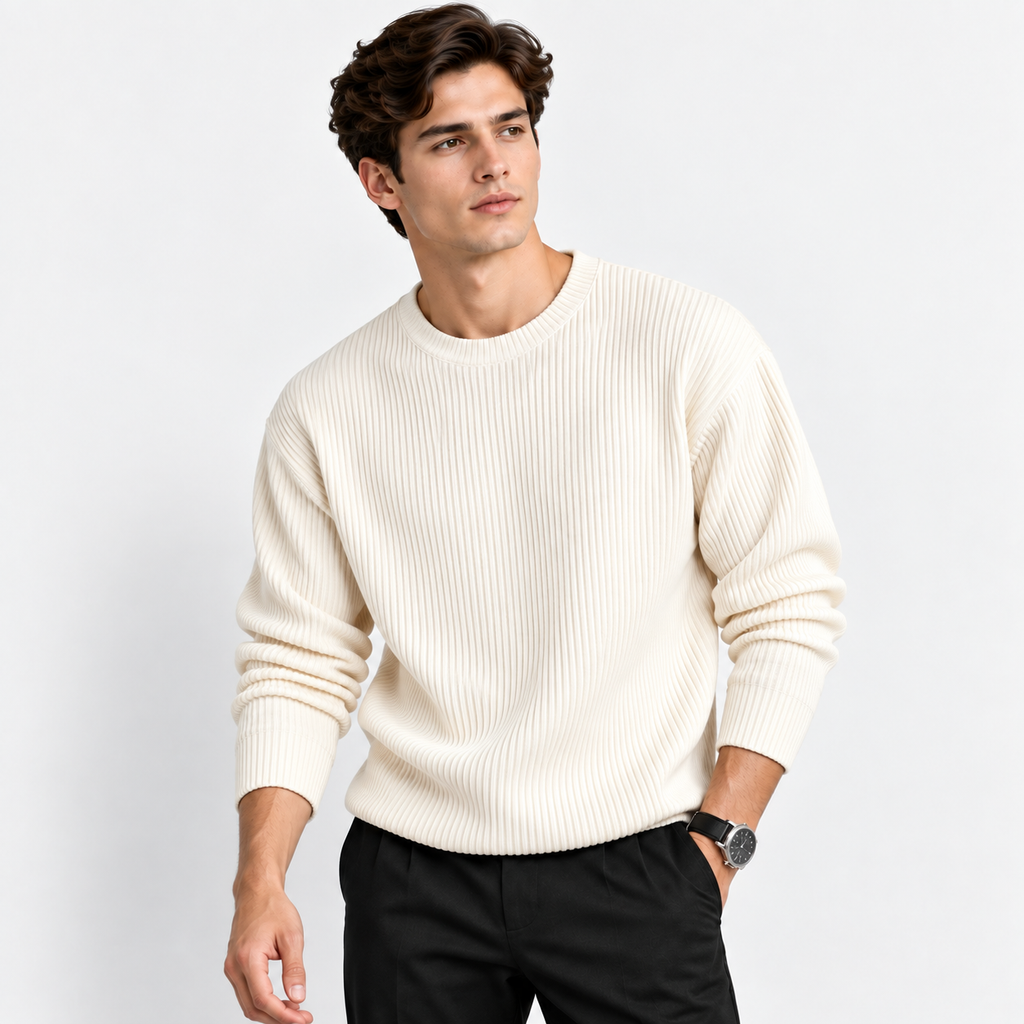 Men’s Ribbed Knit Crew Neck Pullover – Casual Long Sleeve Sweater