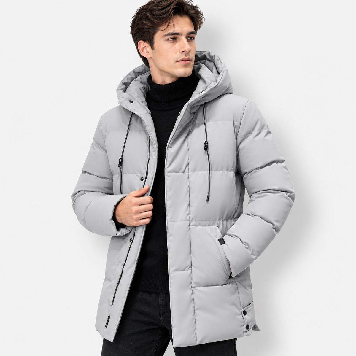 Men’s Hooded Mid-Length Jacket – Warm Zip-Up Casual Coat
