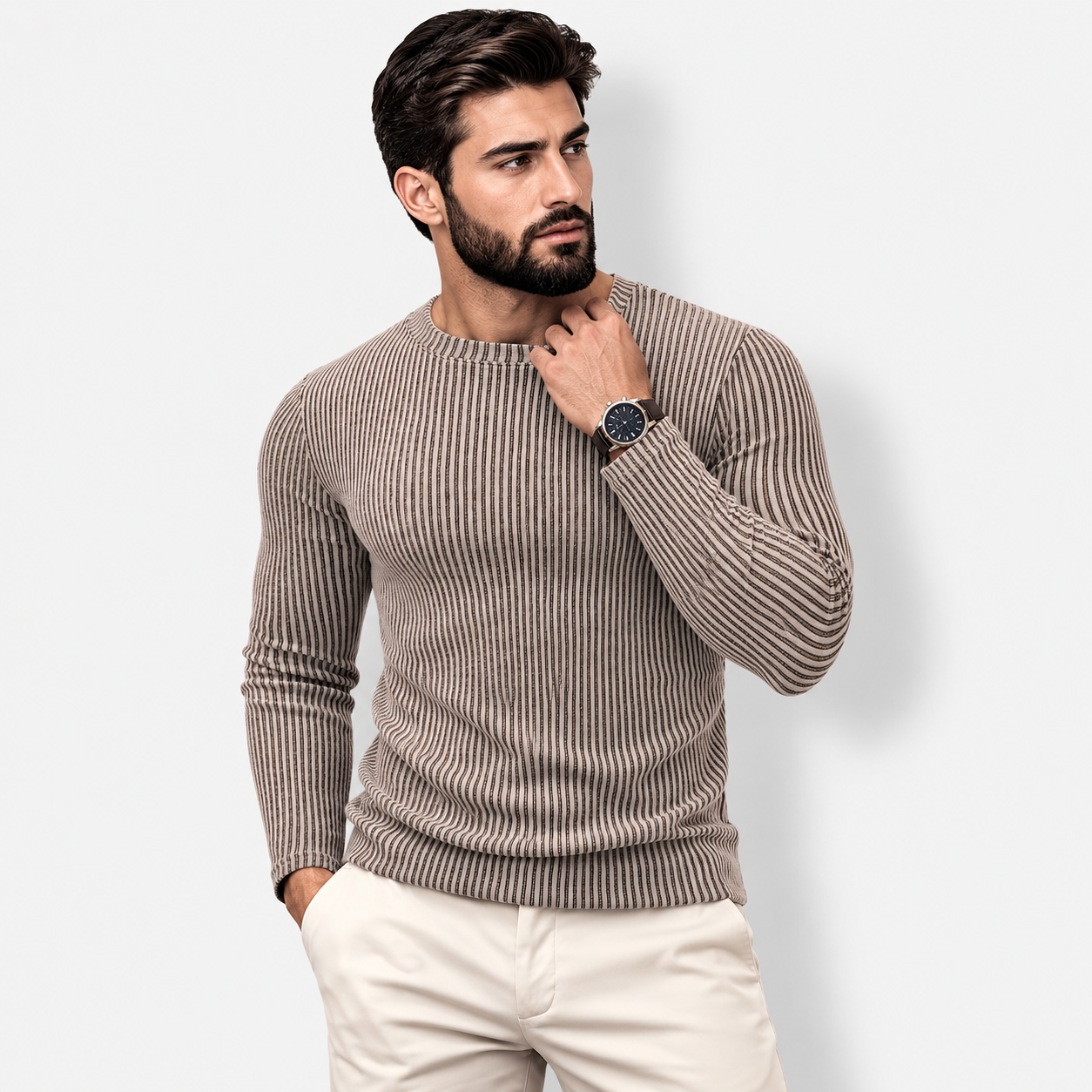 Men’s Ribbed Jacquard Knit Sweater – Casual Spring & Autumn Top