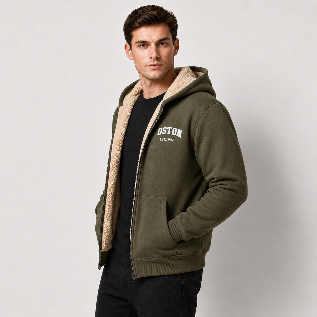 Casual Men's Jacket with Contrasting Hood – Zip Closure and Letter Print
