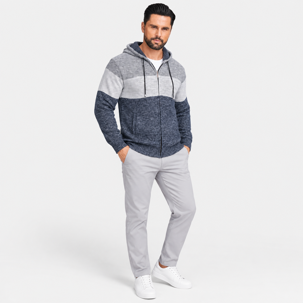 Men’s Color Block Zip-Up Fleece Hoodie – Casual Warm Cardigan Jacket