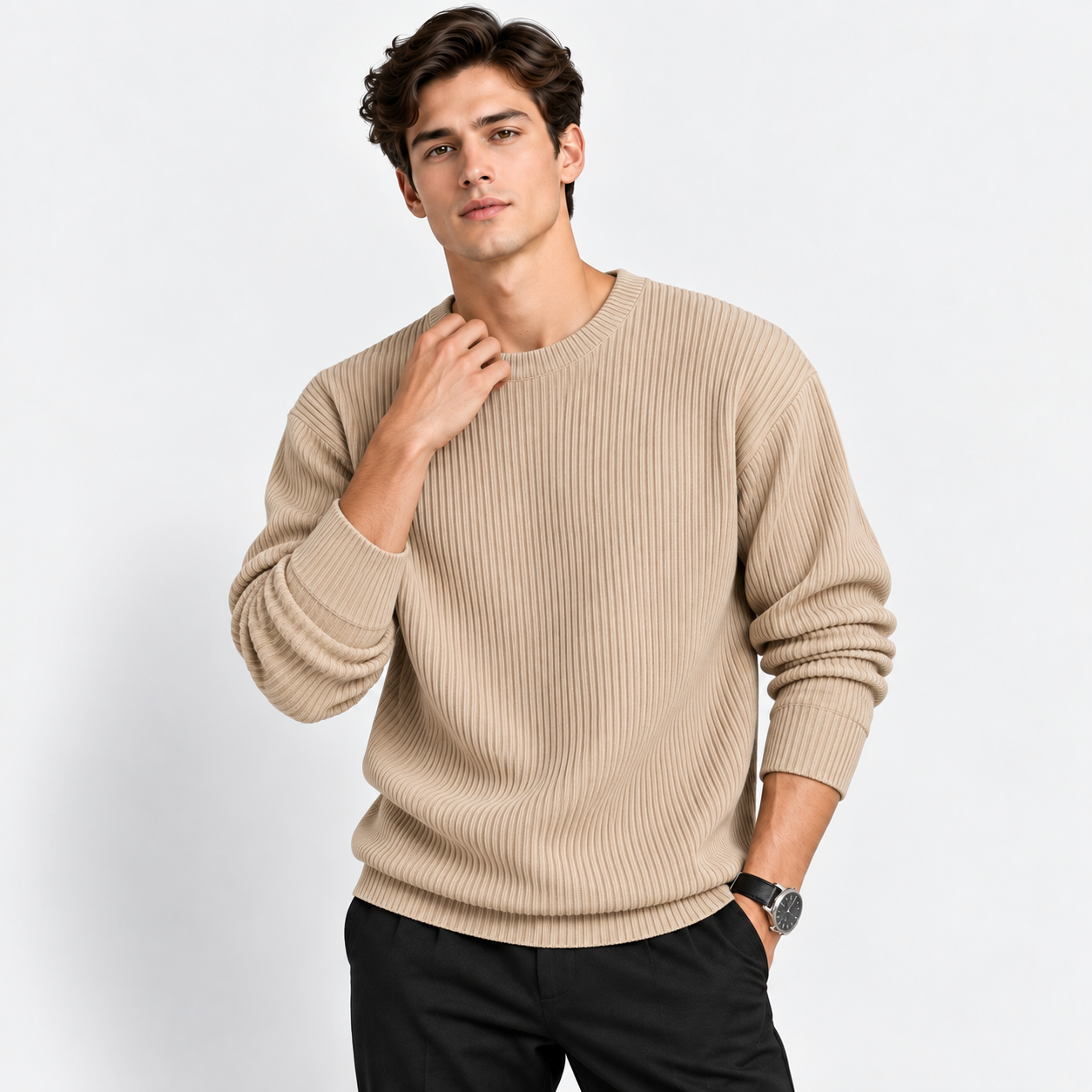 Men’s Ribbed Knit Crew Neck Pullover – Casual Long Sleeve Sweater