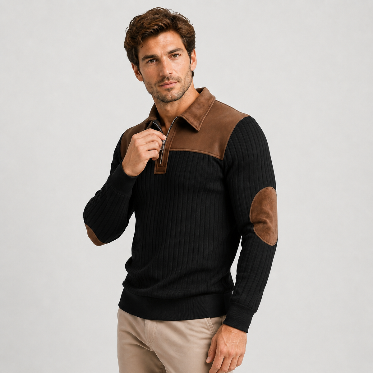 Men’s Color-Block Stand Collar Pullover – Warm Half-Zip Casual Sweater