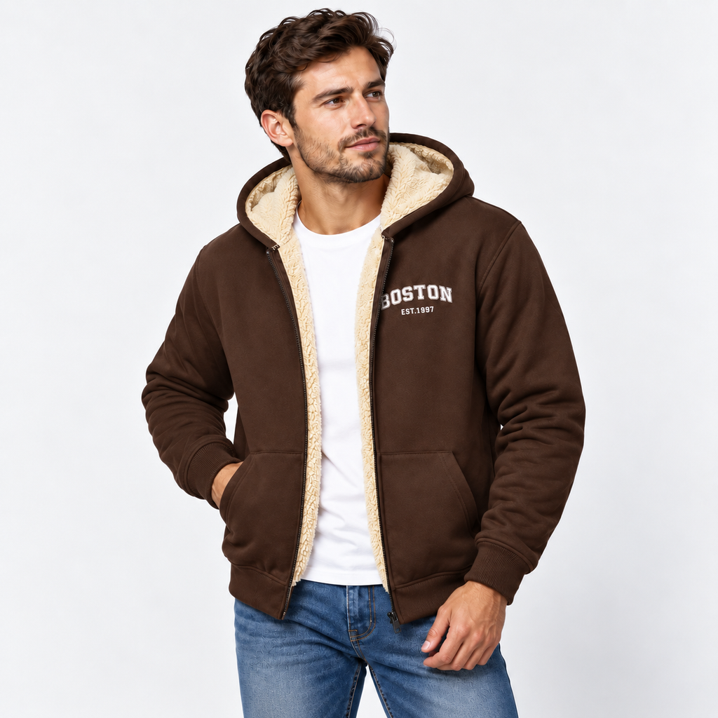 Men’s Contrast Hooded Zip-Up Jacket – Casual Letter Print Coat