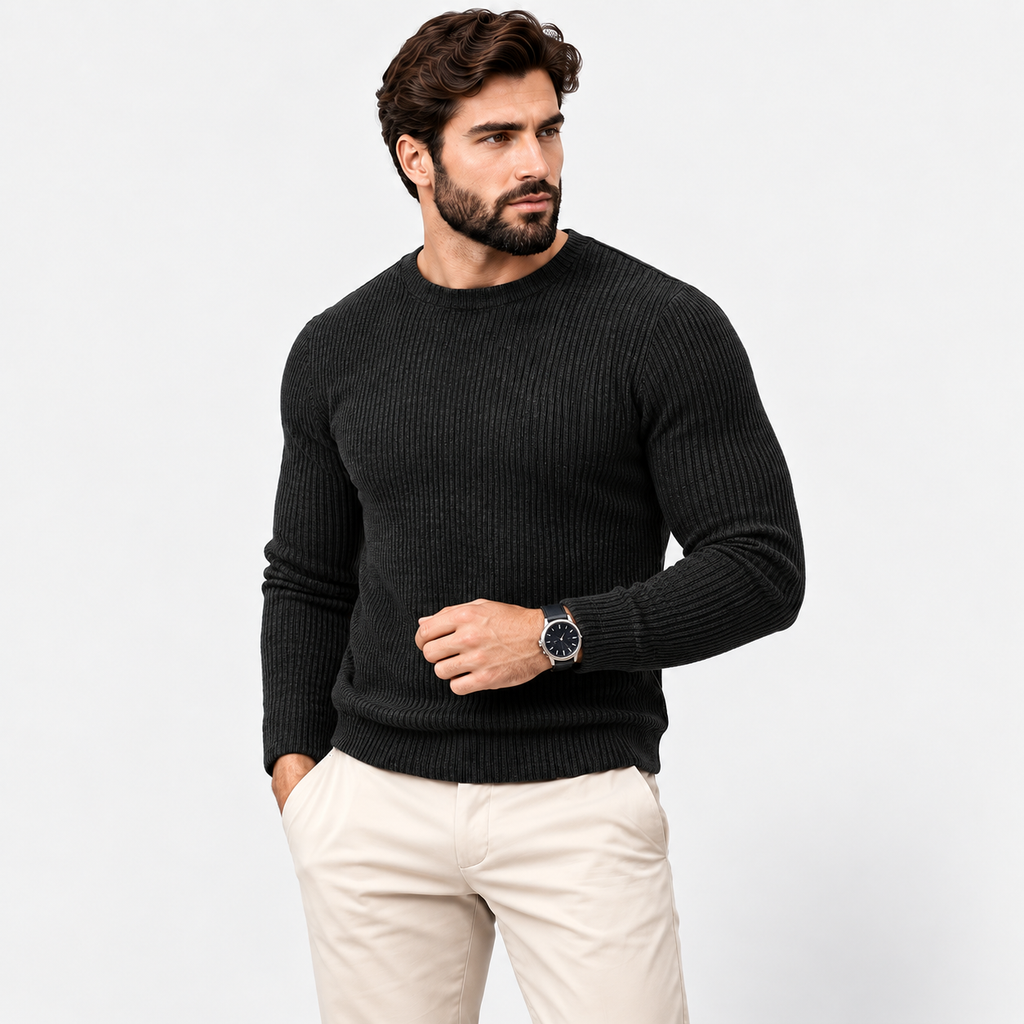 Men’s Ribbed Jacquard Knit Sweater – Casual Spring & Autumn Top