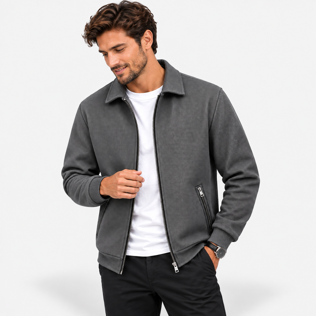 Men’s Waffle Full-Zip Jacket – Lightweight Casual Athletic Lapel Coat