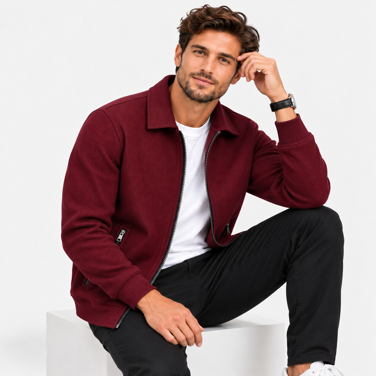 Men’s Waffle Full-Zip Jacket – Lightweight Casual Athletic Lapel Coat