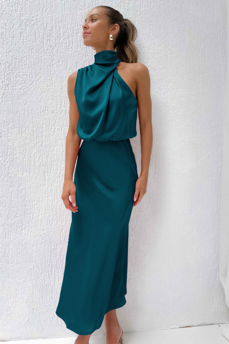 Yara | elegante midi jurk asymmetrische hals veelkleurig