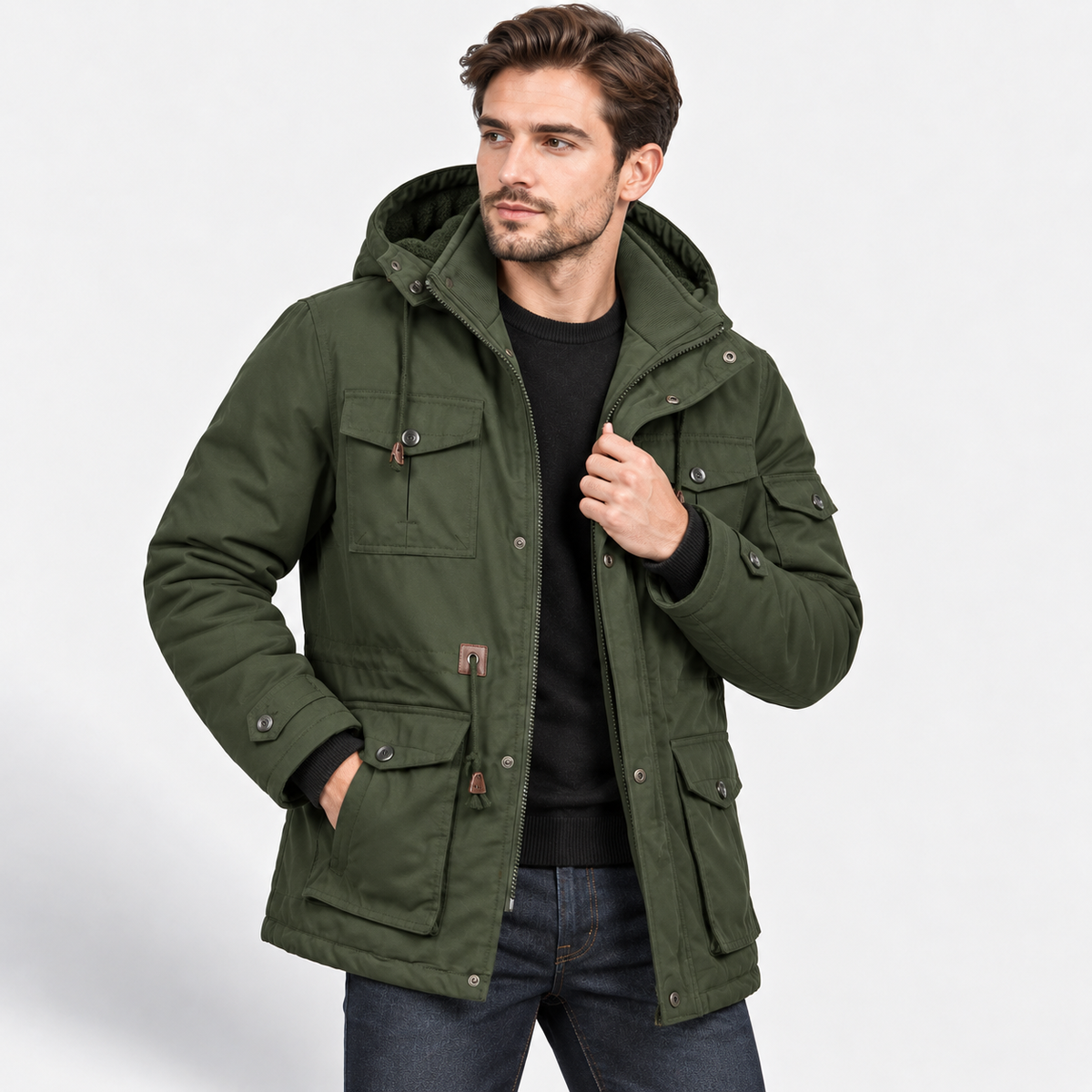 Men’s Heavyweight Detachable Hood Cargo Bomber Jacket