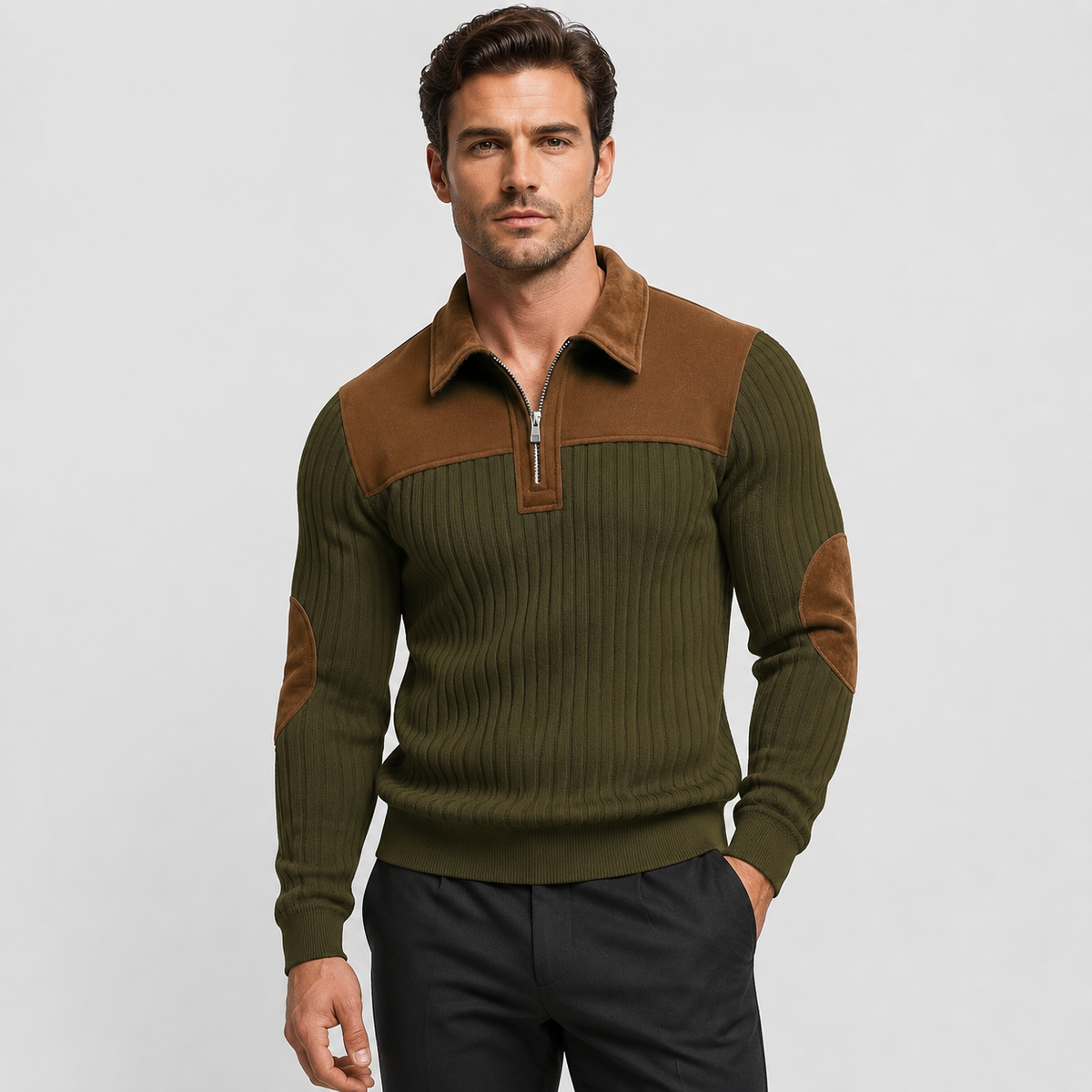 Men’s Color-Block Stand Collar Pullover – Warm Half-Zip Casual Sweater