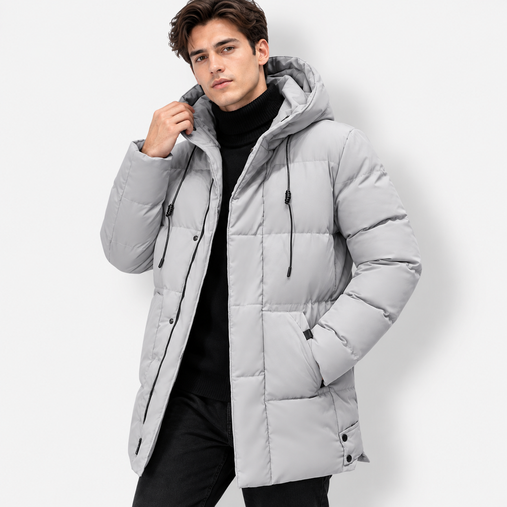 Men’s Hooded Mid-Length Jacket – Warm Zip-Up Casual Coat