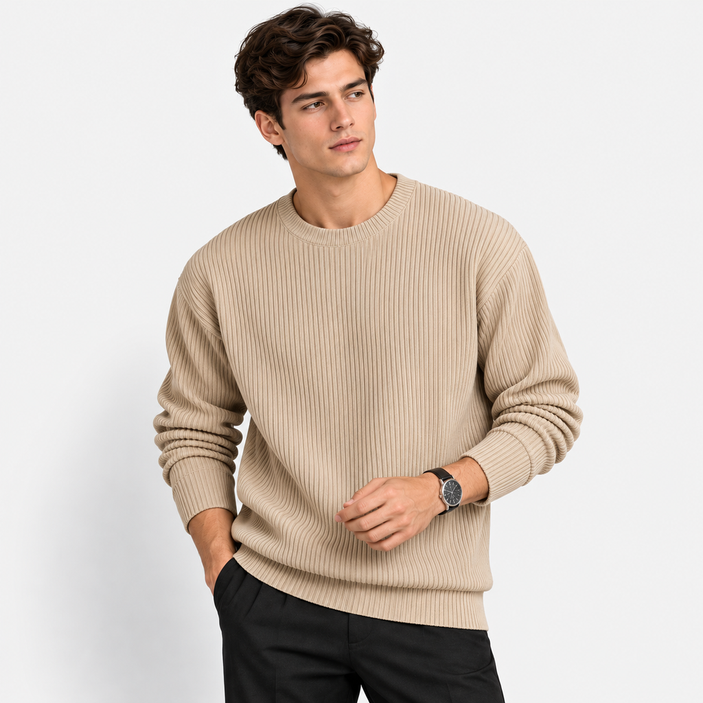 Men’s Ribbed Knit Crew Neck Pullover – Casual Long Sleeve Sweater