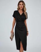 Elena | elegante wikkel midi jurk zwart v-hals chic