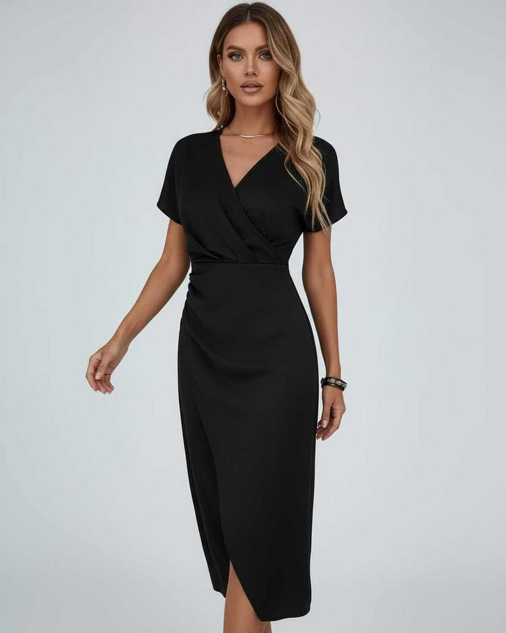 Elena | elegante wikkel midi jurk zwart v-hals chic