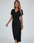 Elena | elegante wikkel midi jurk zwart v-hals chic