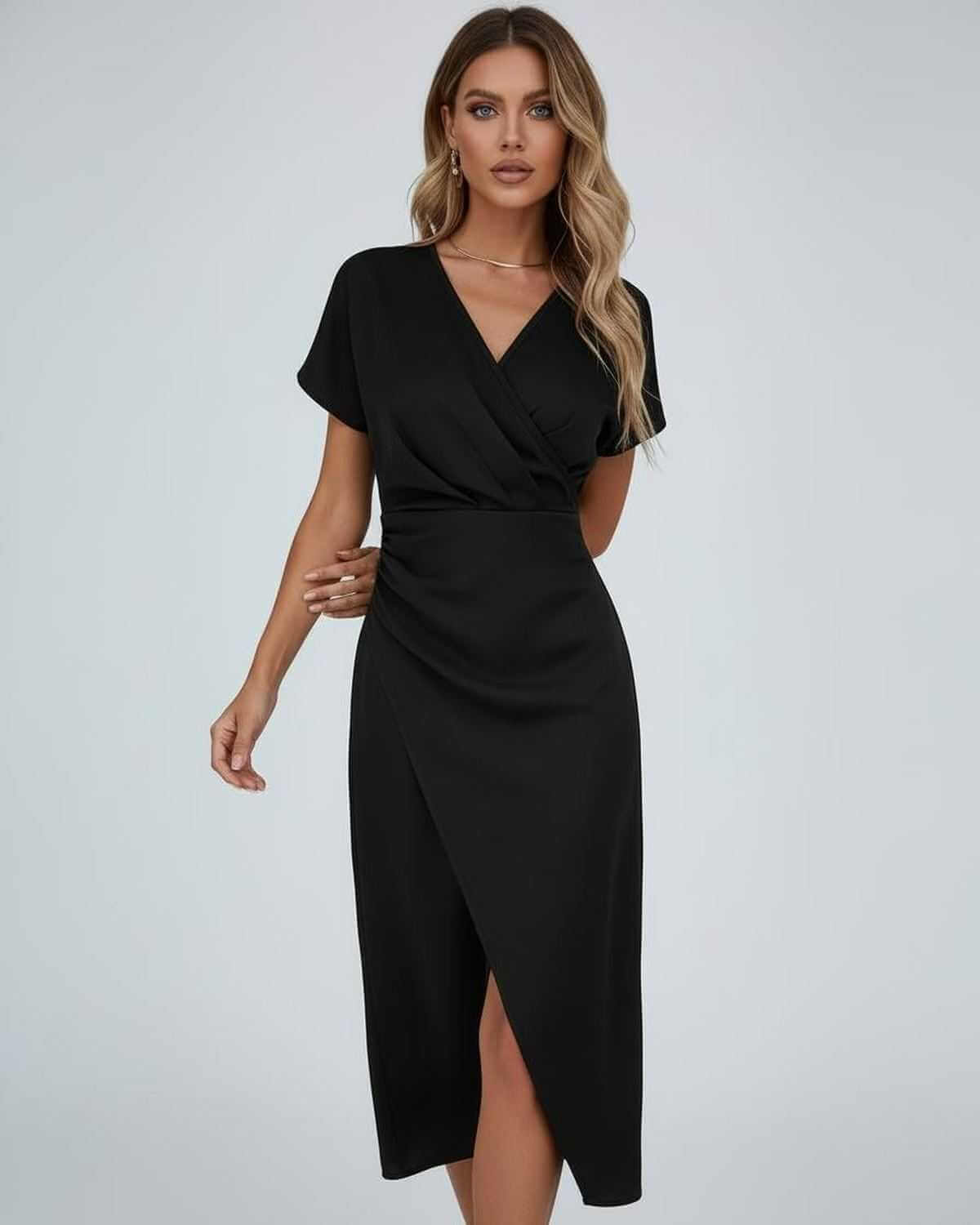 Elena | elegante wikkel midi jurk zwart v-hals chic