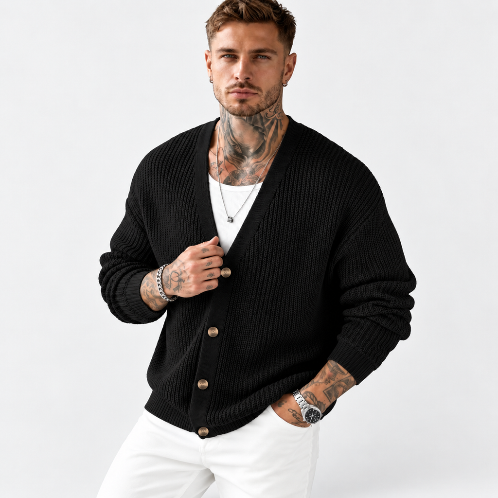Men’s Dark Green Knit Cardigan – Casual Lapel Open-Front Fall & Winter Sweater