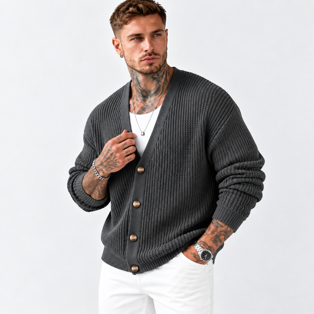 Men’s Dark Green Knit Cardigan – Casual Lapel Open-Front Fall & Winter Sweater