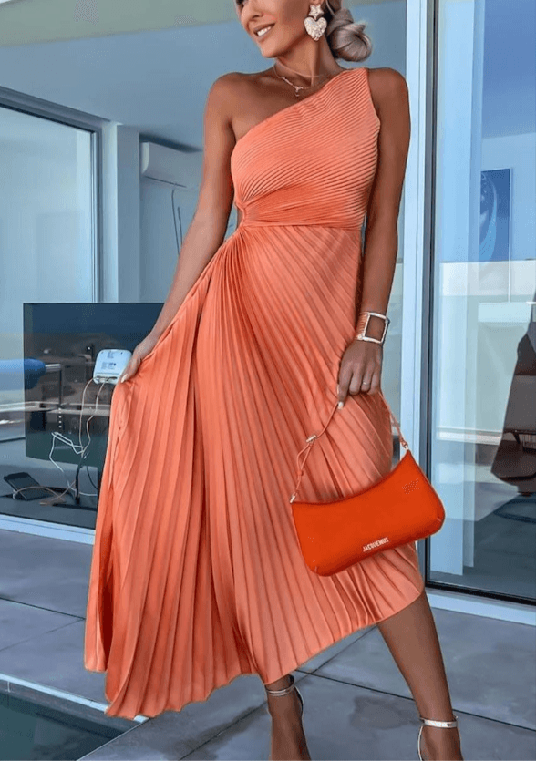 Liv | Eén schouder plissé maxi jurk elegant bruiloft