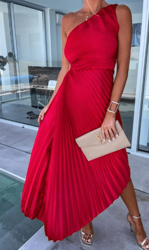 Liv | Eén schouder plissé maxi jurk elegant bruiloft