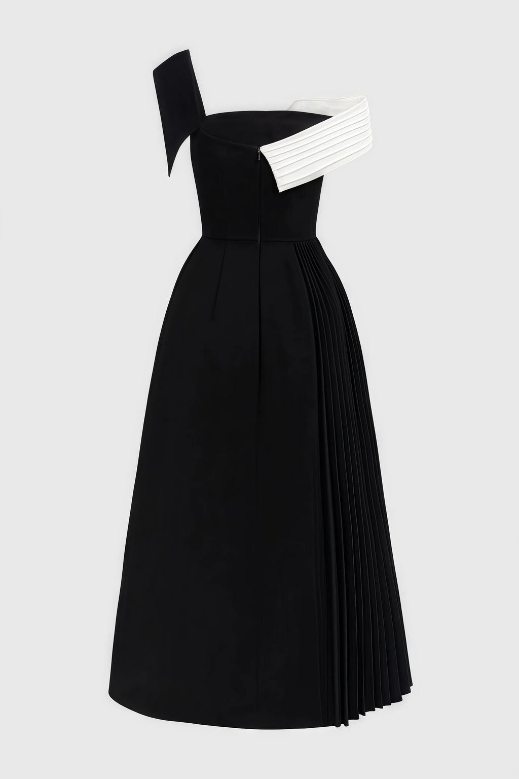 Liv | zwart-witte midi jurk één schouder elegant