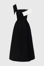 Liv | zwart-witte midi jurk één schouder elegant