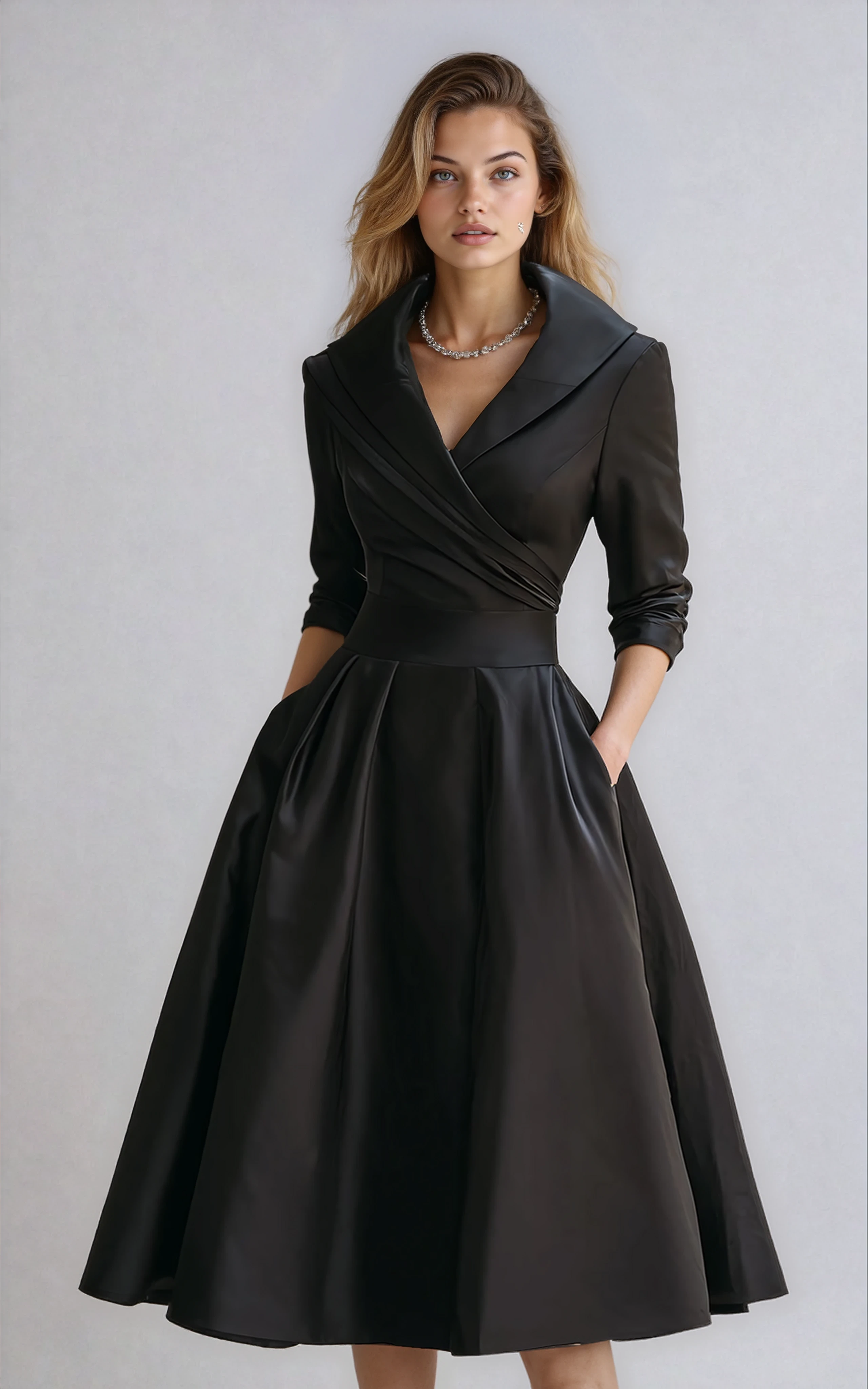 Elise | getailleerde midi jurk klassieke kraag elegant