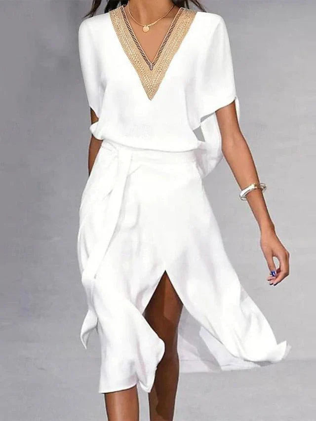 Livia | witte midi jurk v-hals minimalistisch elegant