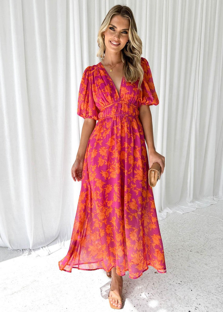 Anna | Bloemen maxi jurk v-hals bruiloft oranje