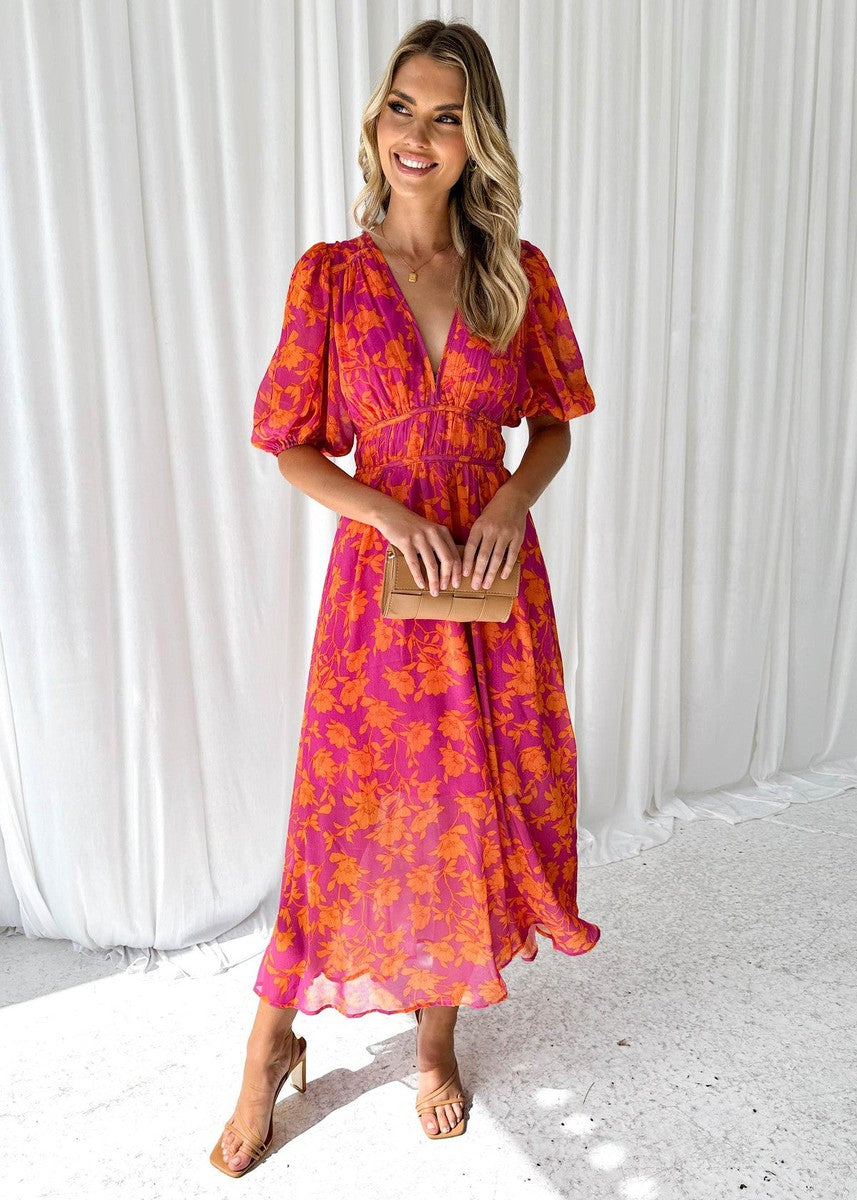 Anna | Bloemen maxi jurk v-hals bruiloft oranje