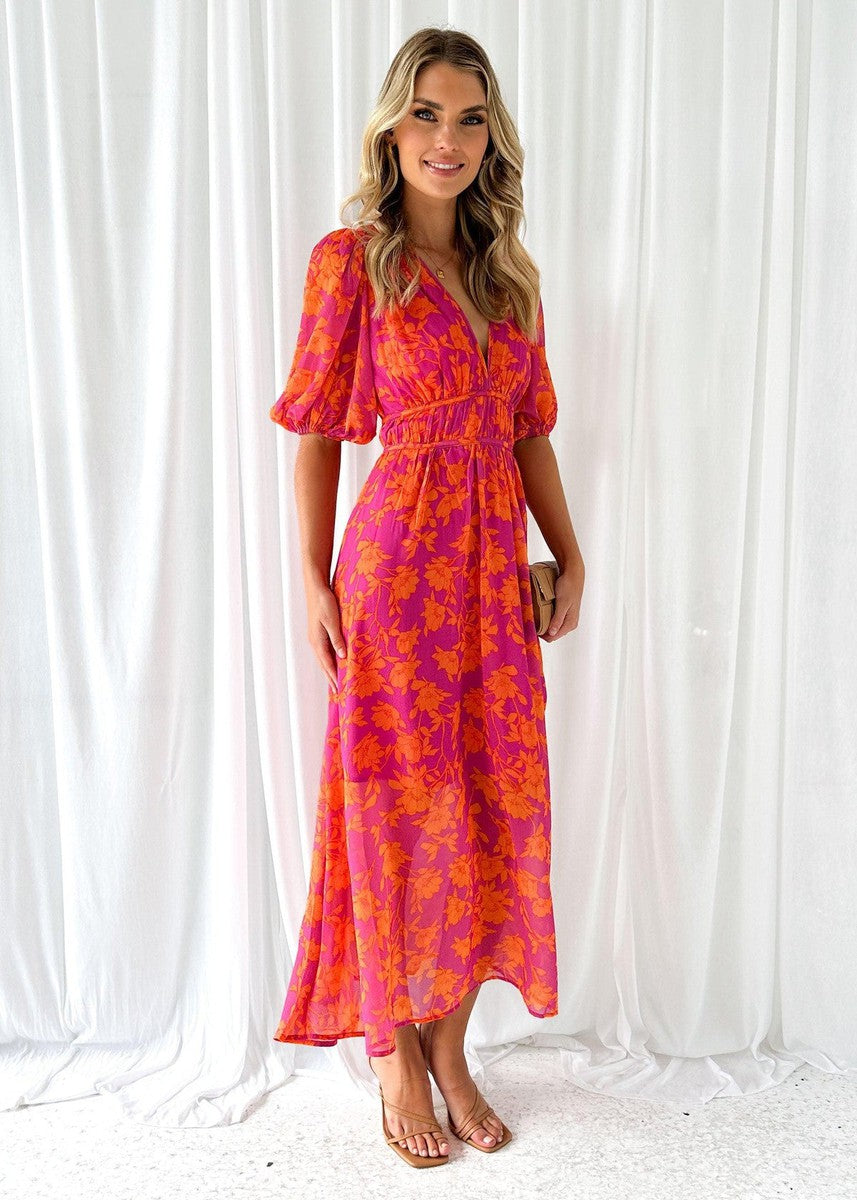 Anna | Bloemen maxi jurk v-hals bruiloft oranje