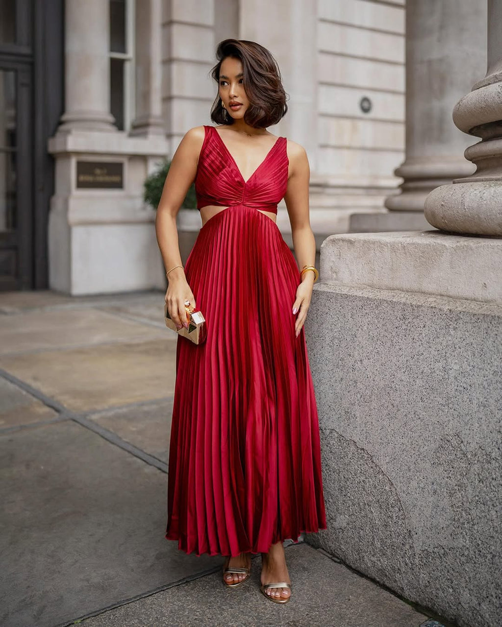 Audrey | Plissé midi jurk cutout taille elegant