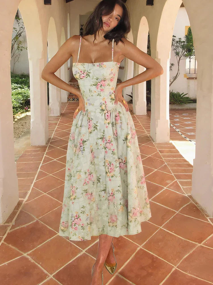 Amelia | Bloemen midi jurk bandjes bruiloft groen