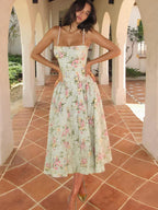 Amelia | Bloemen midi jurk bandjes bruiloft groen